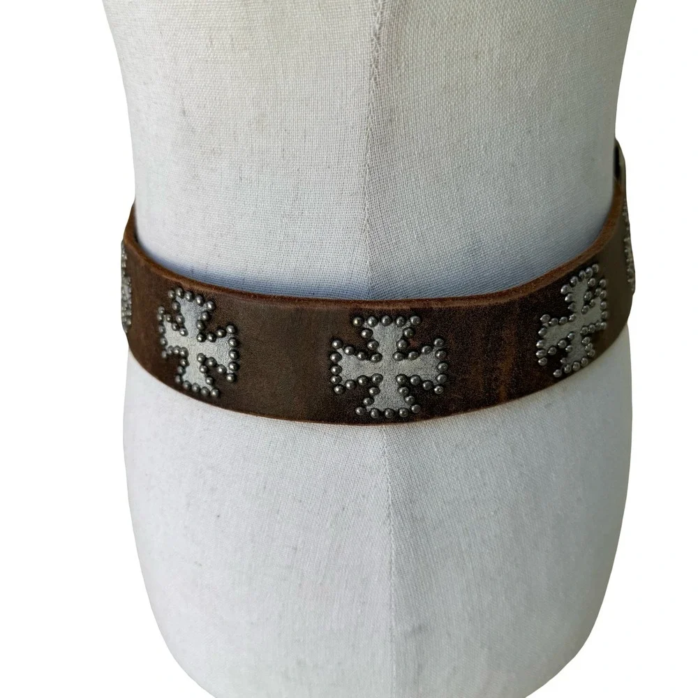 Streets Ahead Vintage Brown Leather Studded Iron Cross Biker Goth Punk Emo Belt